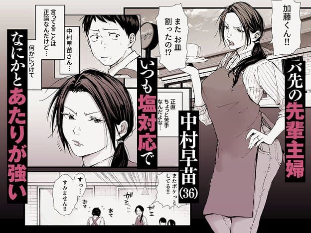 ポニーテールの女性が白いリブ編みのセーターと茶色のエプロンを着て、腰に手を当てながら口を開けて立っている。