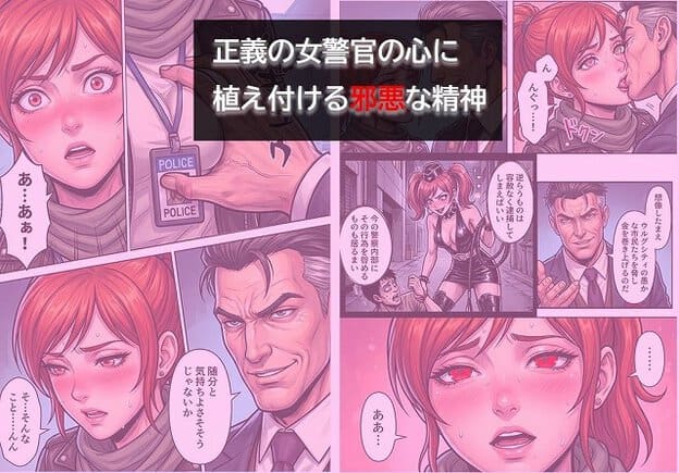 赤髪の女性が警察のバッジを持ち、男性に口づけされている。別の場面では目が赤くなっている。