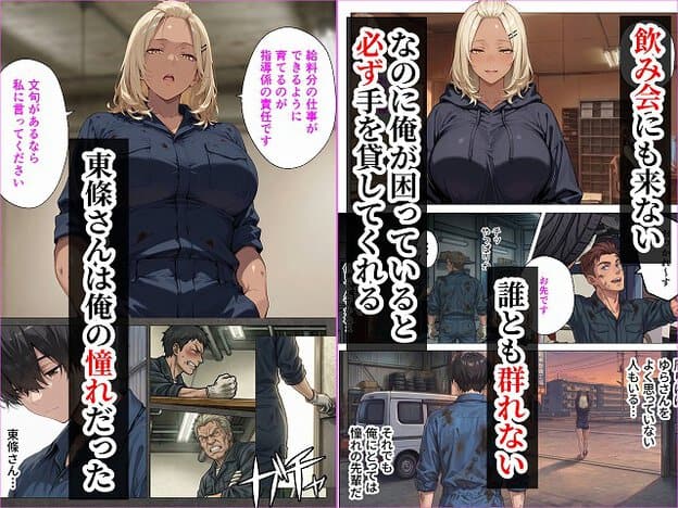 金髪の女性が青い作業服で立ち、黒いパーカーを着た姿もあり、男性たちが工場で会話をし、夕暮れの外を歩く姿もある。