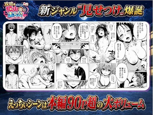 複数のパネルで男性と女性がベッドの上で性行為をしている。女性は仰向けで男性が覆いかぶさっており、汗をかいている。